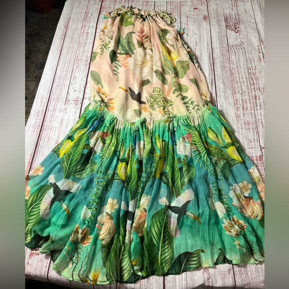 Farm Rio Toucan Tree Tropical Tiered Maxi Skirt in Green and Cream size medium